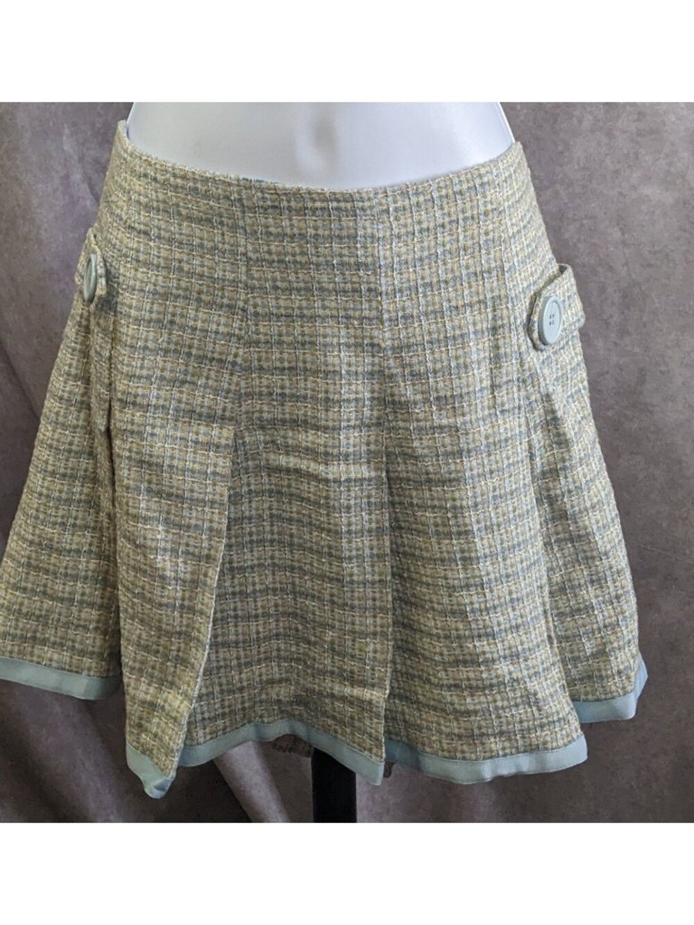 Preppy Identity By Lord & Taylor Womens Tweed Skirt Yellow & Blue Plaid With But